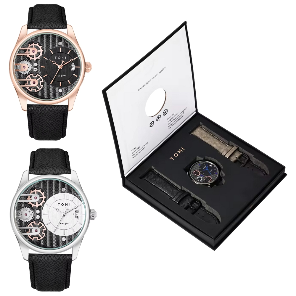 Ceas de dama quartz, 2 bratari piele eco, afisare data, 2 modele