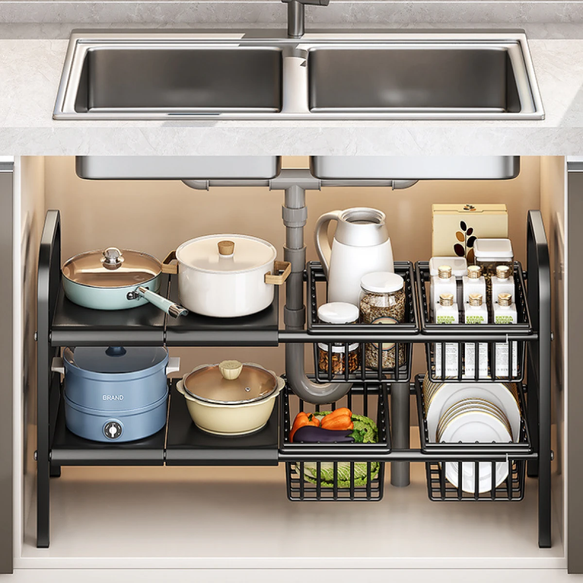 Suport metalic pentru depozitare sub chiuveta, extensibil